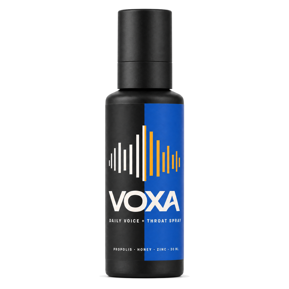 VOXA Daily Voice + Throat Spray 30 ml matte black bottle, front of pack with waveform mark