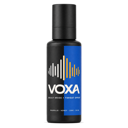 VOXA Daily Voice + Throat Spray 30 ml matte black bottle, front of pack with waveform mark